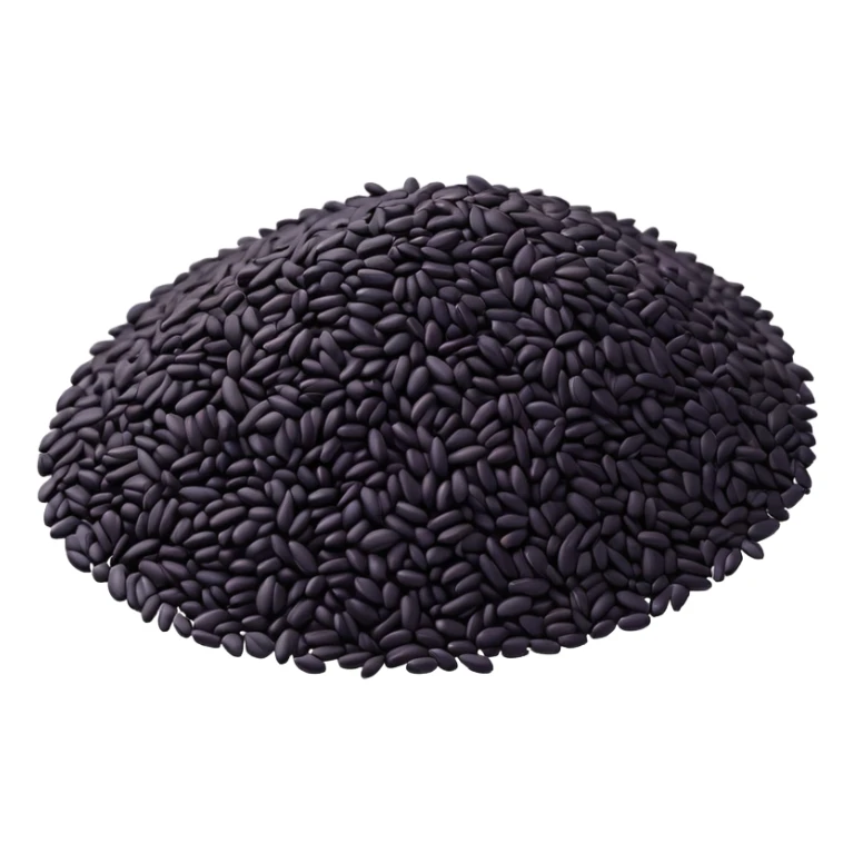 loose scatter of uncooked black rice grains, glossy elongated shape, deep purplish-black color, smooth slightly curved surface, subtle natural variations in tone, soft lighting, subtle shadows, emoji scale sticker