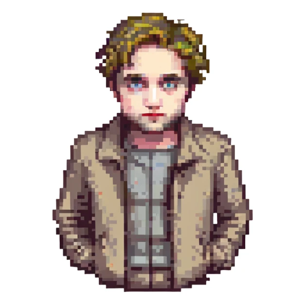 Robert Pattinson in pixel art, classic look, neutral expression, blocky pixel style sticker