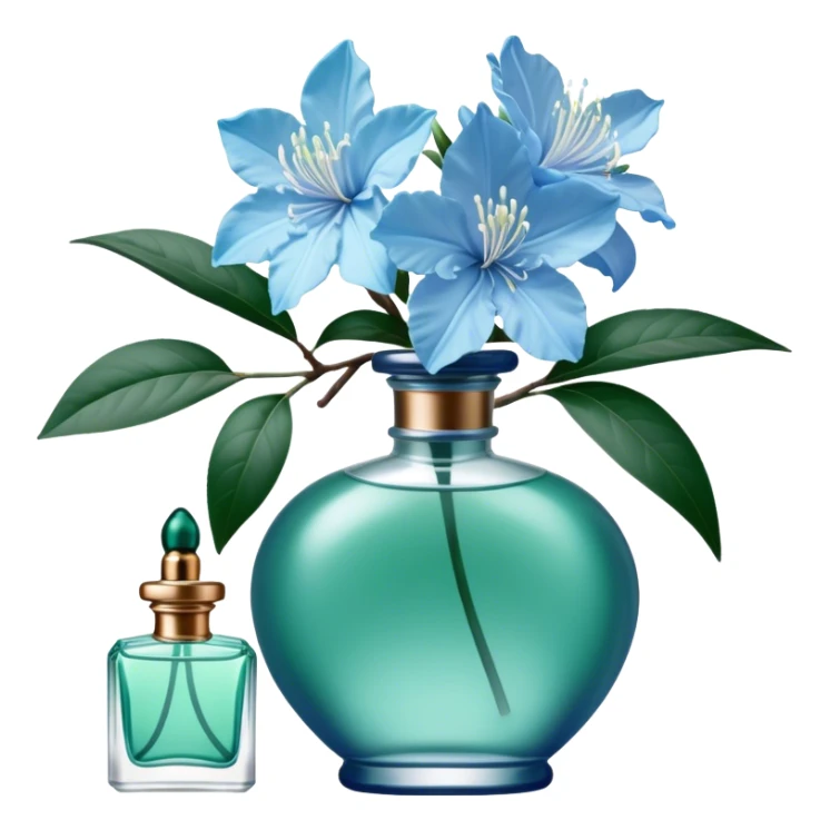 Aesthetic ensemble of soft blue azaleas alongside a charming vintage green perfume bottle.
 sticker