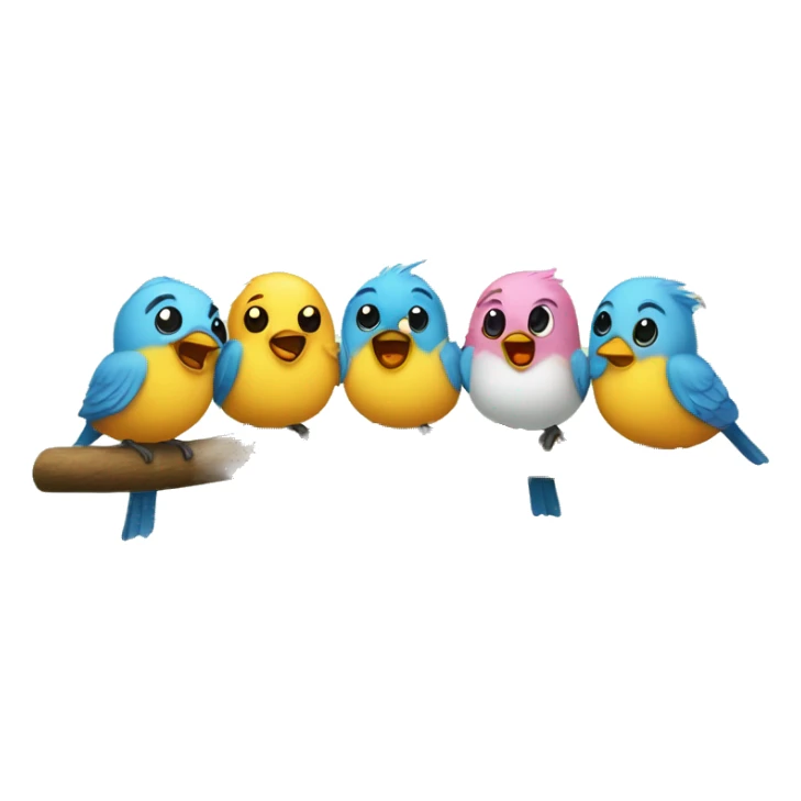 Five round, adorable little birds are chirping away on a tree branch. sticker