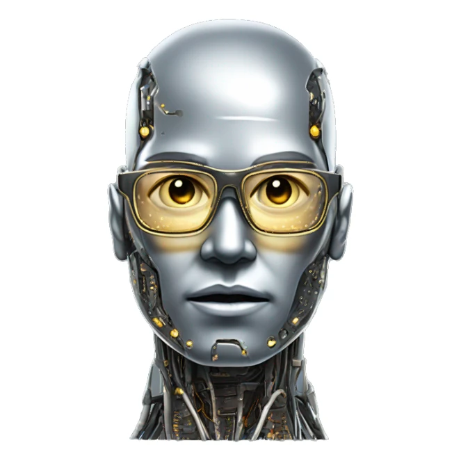 Male cyborg head with metallic skin, flat top, rectangular glasses and circuits sticker