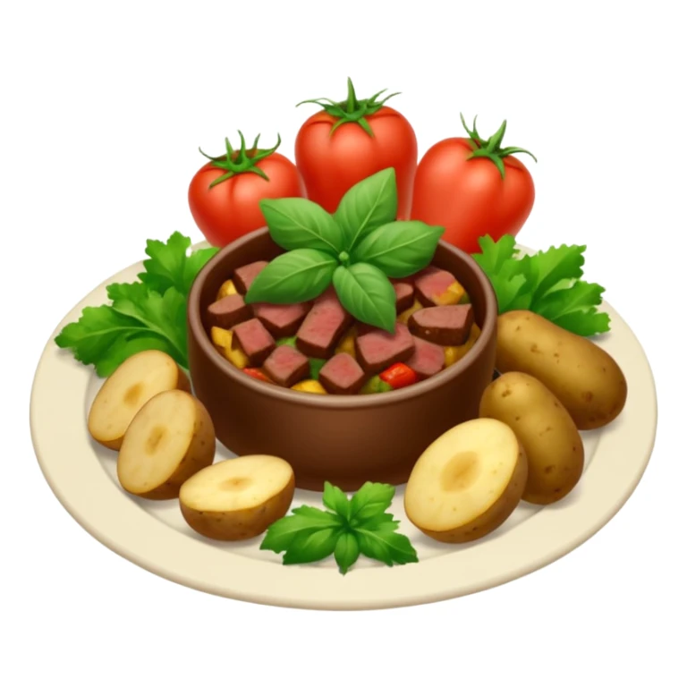 prato de jantar de buffet com pedaços de bife, batatas inglesas cortadas e vegetais verdes (como brocolis e tomates pequenos) sticker