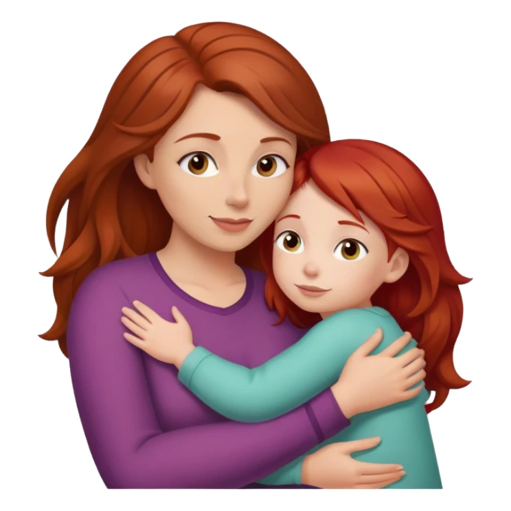 Brown haired mom with red head 3 year old daughter hugging sticker