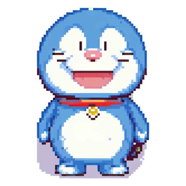 Doraemon and Shinchan together, pixel art style, cheerful expression sticker