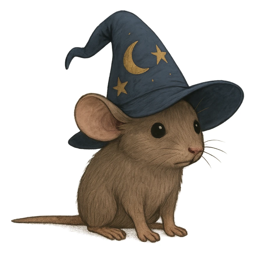 slightly awkward house mouse with muted brown fur, large outward tilted ears, small dark beady eyes looking uncertain, wearing oversized deep blue wizard hat with stitched stars and crescent moon, wide floppy uneven brim drooping at top, front paws flat, tail straight out behind emphasizing smallness and awkwardness sticker