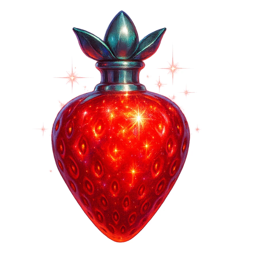 strawberry-shaped luxurious elixir bottle, vibrant red color, iridescent and silver details, intense magical glowing and sparkling effects, very small neck, seamless bottom, transparent background, floating, no base or shadow, modern, matching a collection sticker