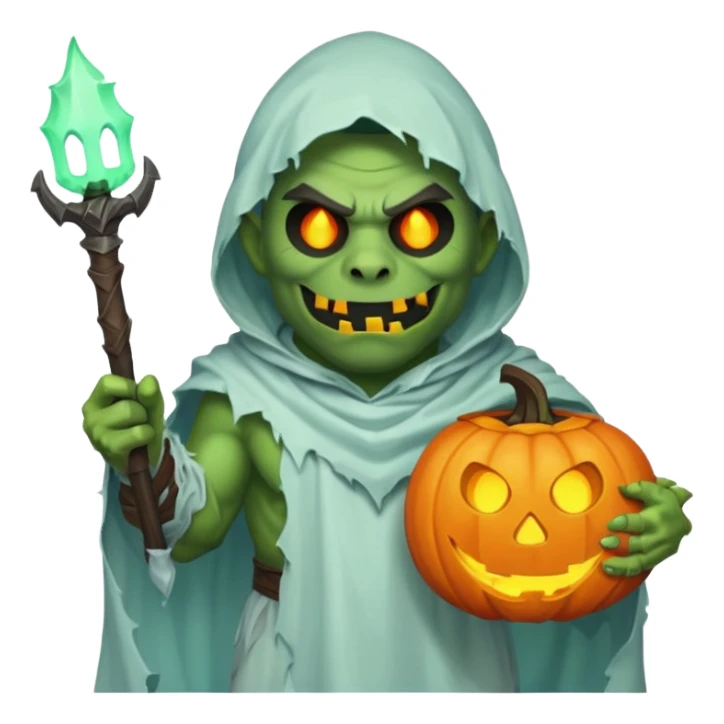male orc warrior ghost emoji, green skin, wearing torn white ghost sheet costume, holding glowing jack-o'-lantern, faint blue aura, friendly but spooky expression, Halloween fantasy theme, Apple emoji style, clean white background, square sticker