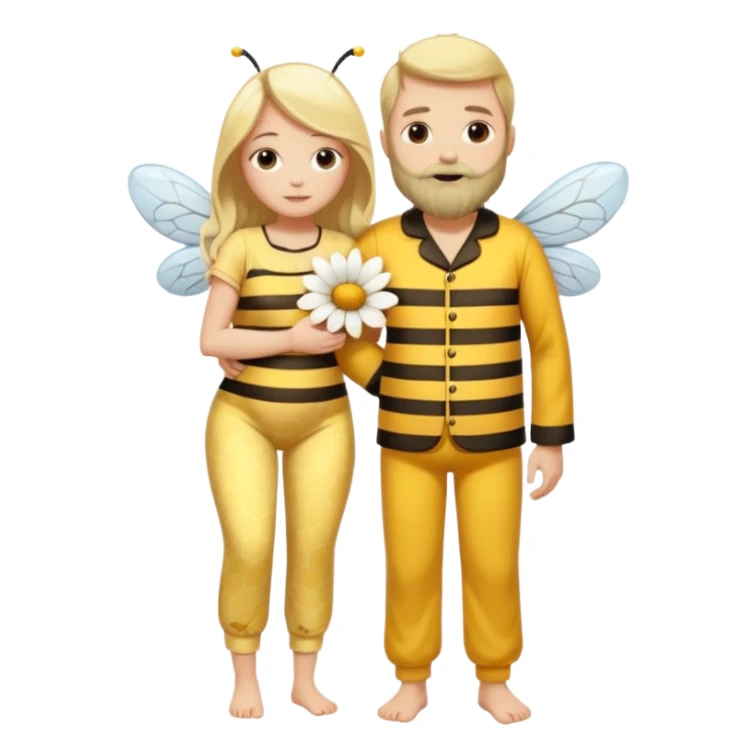 Grown up man with long dark brown long, white skin, medium beard, full body in cute bee pijama hugging a woman with blonde hair, white skin, dressed as a flower  sticker