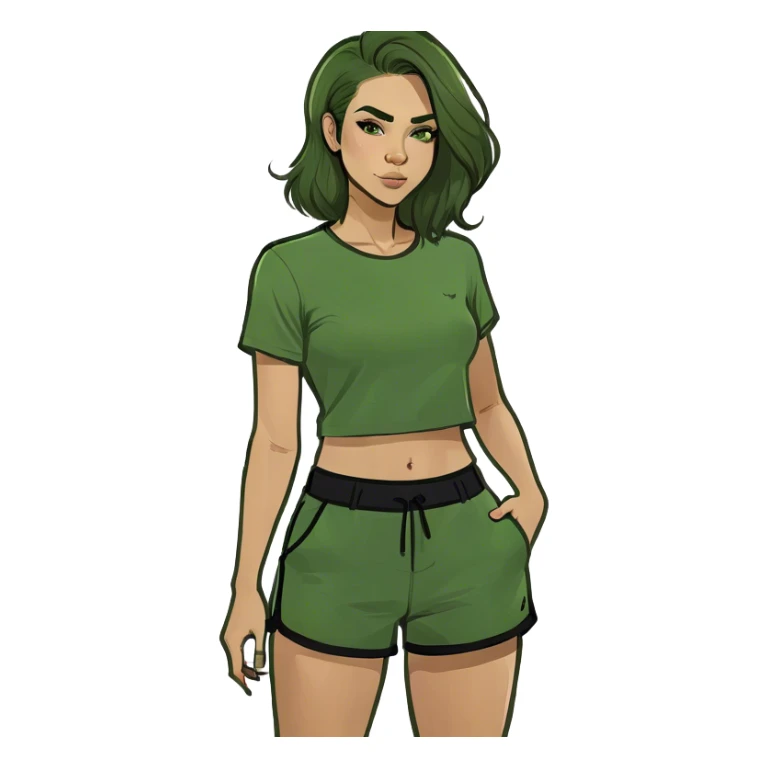 mulher branca com cabelo cacheado longo castanho com top e shorts preto fazendo agachamento com peso sticker