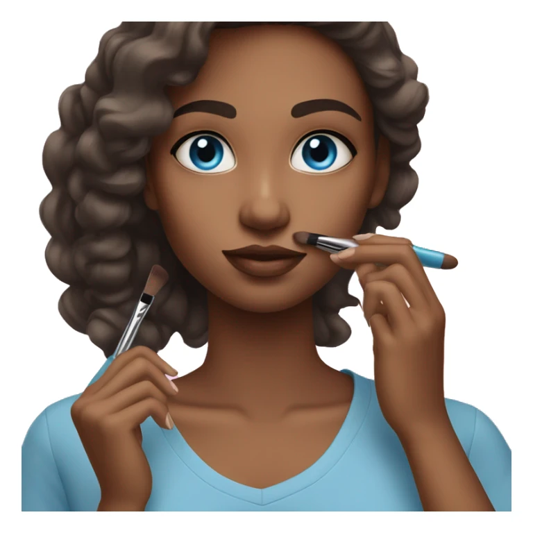 Girl with straight brunette hair blue eyes doing makeup sticker