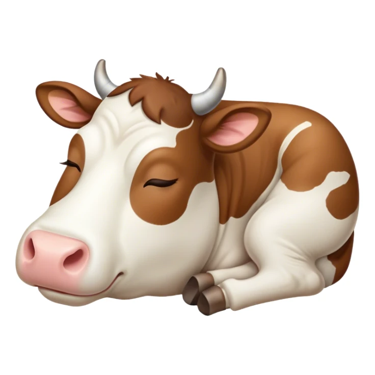 Meme-Worthy Cute Sleeping Brown and White Cow Portrait Emoji, Head resting peacefully with a contented smile, showcasing a robust build and a luxuriously soft patterned hide of brown and white, eyes shut in a serene, restful nap, Simplified yet hilariously adorable features, highly detailed, glowing with a soft, drowsy light, high shine, relaxed and utterly lovable, stylized with an air of playful laziness, bright and heartwarming, soft glowing outline, capturing the essence of a comically sleepy cow, so meme-worthy it feels like it could instantly become the next viral sensation of adorable slumber! sticker