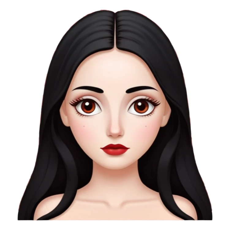 White girl with long oval shaped face, large almond shaped eyes with long eyelashes, long straight black hair falling in front of her bare shoulders, face closeup, with detailed pattern of red and white gopi dots in decorative arrangement above eyebrows sticker