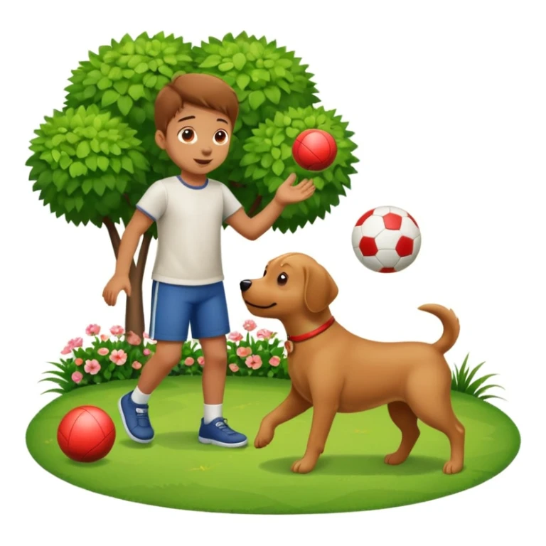 kid and dog playing with ball, garden background sticker