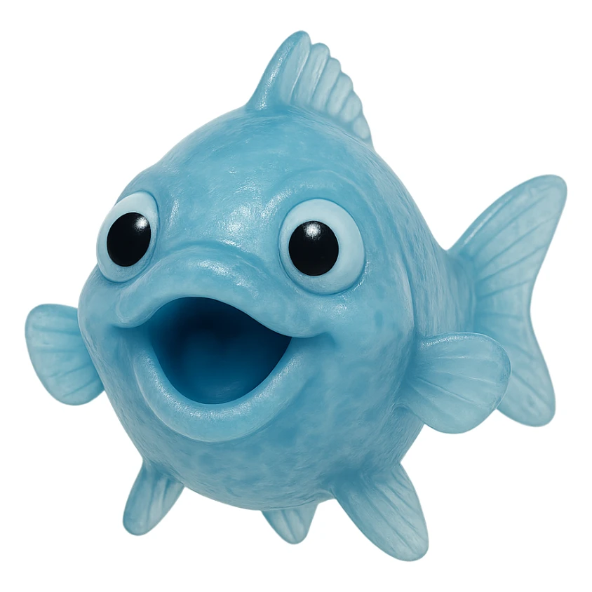 highly detailed, hyper-realistic clear bright blue fish with derpy playful face, mouth open, looking directly at us, transparent soft plastic body with subtle cloudiness, soft reflections, retro 90's toy vibe, not shiny, soft and squishy appearance, no background sticker