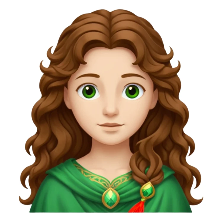 Juno from The Olympians with long brown wavy hair, green stola sticker