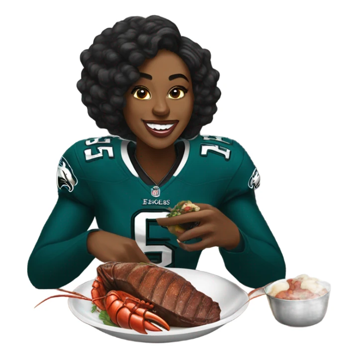 Black woman eating steak and lobster wearing an eagles jersey sticker