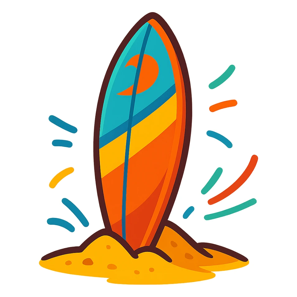 summer surfboard standing in sand energetic lively style sticker
