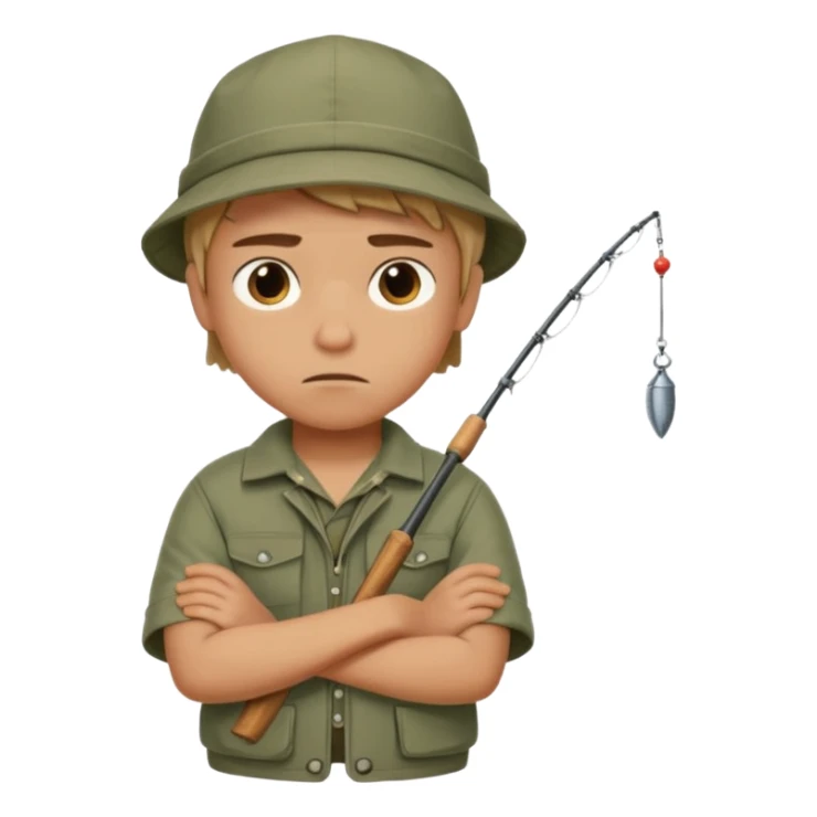 A boy with crossed arms, looking annoyed, dressed in fishing clothes. sticker