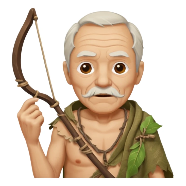 ancient old man, tattered leaf cloth, hold the slingshot sticker