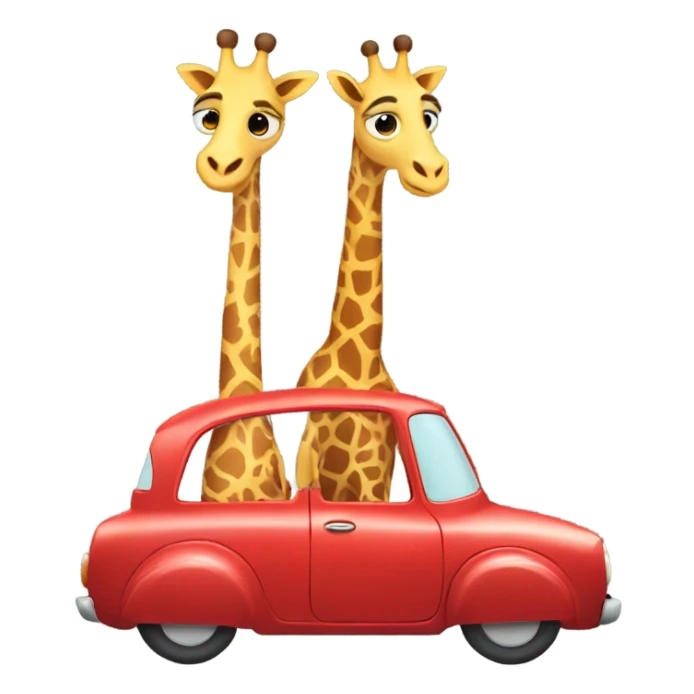 two cute giraffes driving in a red car sticker