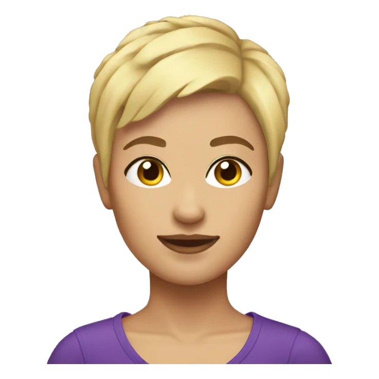 Woman with blonde pixie cut with little front pieces purple sticker