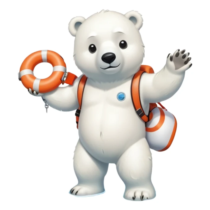 full body friendly anthropomorphised polar bear wearing swim suit and scuba goggles holding life buoy standing in puddle sticker