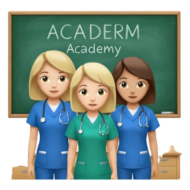 3 different nurses, wearing green and blue work clothes, in a classroom, "Academy" written in white on board sticker