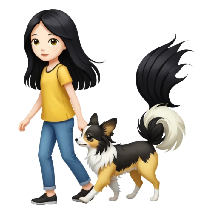 A girl with long black hair walks a yellow and white papillon sticker