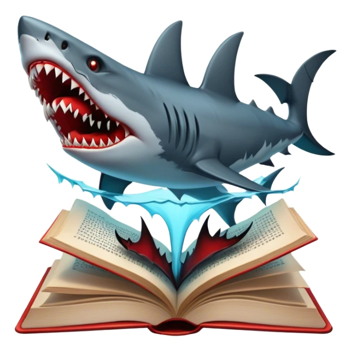 Icon for Horror & Mystery Reading: an open book with eerie glowing symbols, from which rise vampire Dracula with fangs, flying bats, a zombie hand, and a lurking shark with sharp teeth. Surrounding elements. Transparent background. sticker