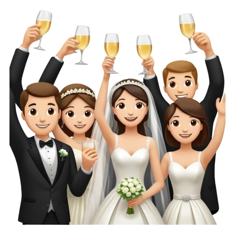 Wedding party raising joints for a celebratory toast, colorful wedding group with bride and groom at the center, cheerful cartoon style sticker
