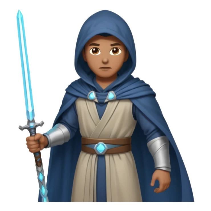 sci-fi space warrior human, glowing energy sword, hooded robe, heroic stance, 3D cartoon, mobile game character icon, clean background, no text
 sticker