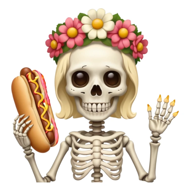 skeleteon with floweer on head with hotdog sticker
