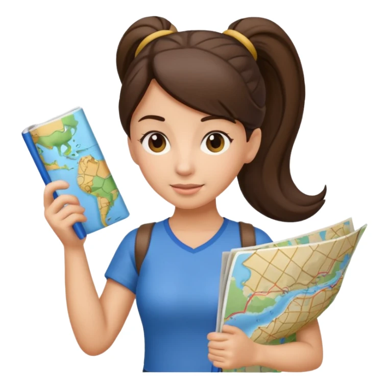 tourist brunette woman with ponytail holding map sticker