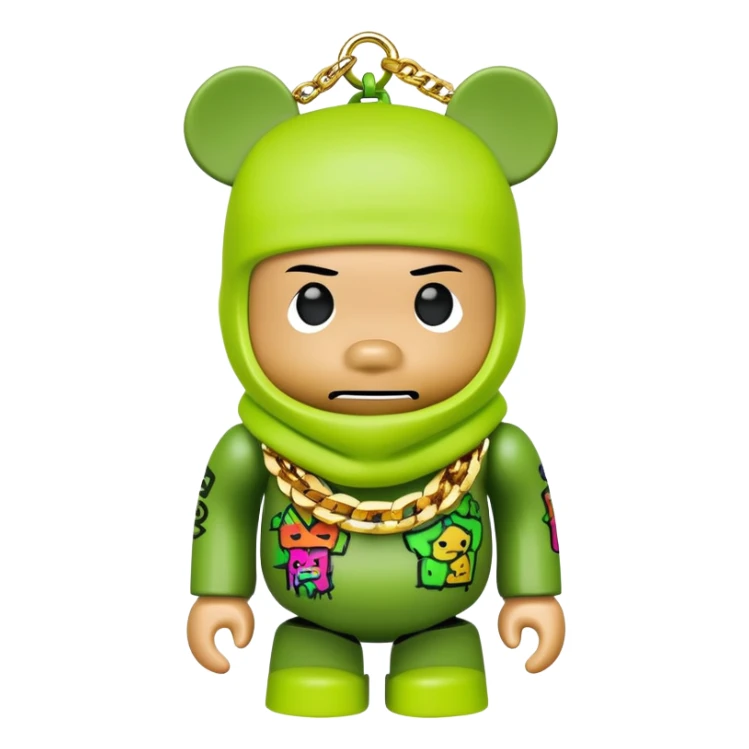 bearbrick toy with cubic head wearing a lime green balaclava covered in multiple brand logos graffiti style, with thick gold chains around neck, gold jewelry, aggressive eyebrows sticker