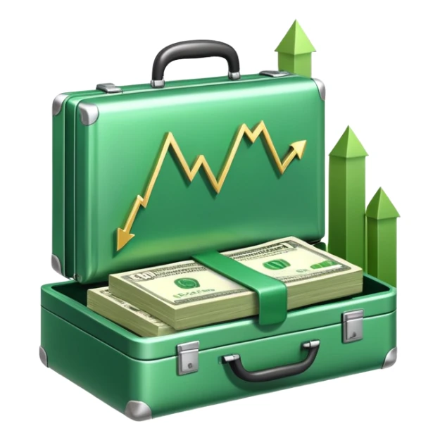 An icon showing a briefcase, a stack of money, and a graph with upward growth, representing business and entrepreneurship. The design highlights innovation, investment, and success in the world of startups and corporate ventures. Transparent background emphasizes the dynamic nature of business. sticker