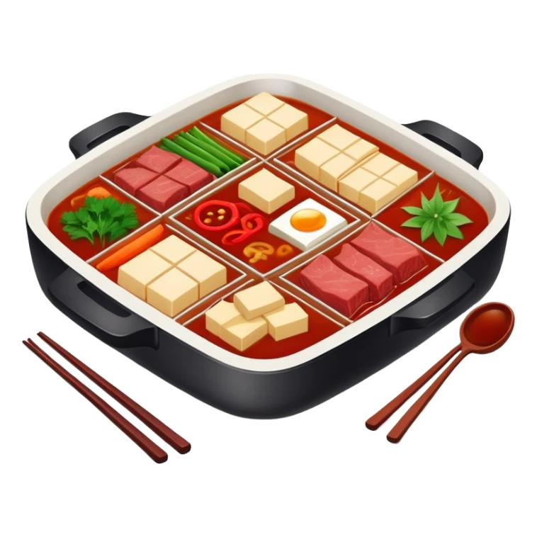 Chongqing Nine-grid Hot Pot with divided sections and spicy red broth, simplified emoji style with bold outlines and bright colors, cartoon style square Jiugongge Huoguo sticker