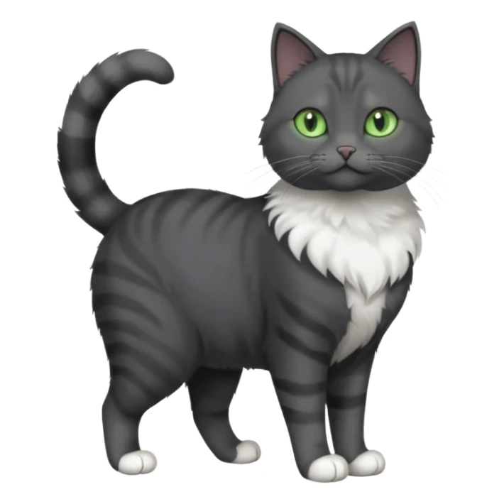 full body view of beautiful female solid dark grey cat with green eyes, white toes/paws and white patch on her chest sticker