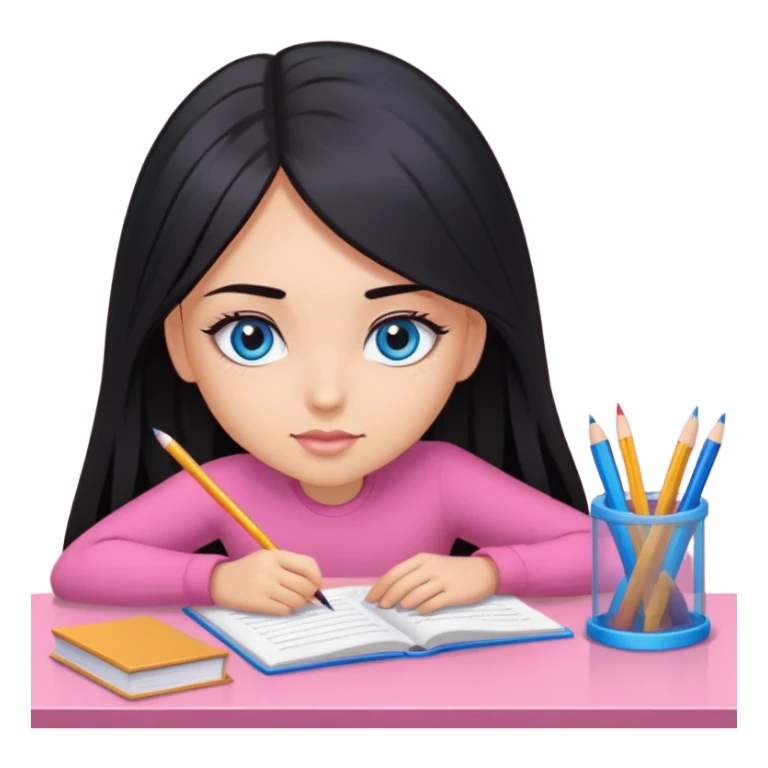Girl with long black hair, blue sharp eyes, eyelashes, studying on a pink desk sticker