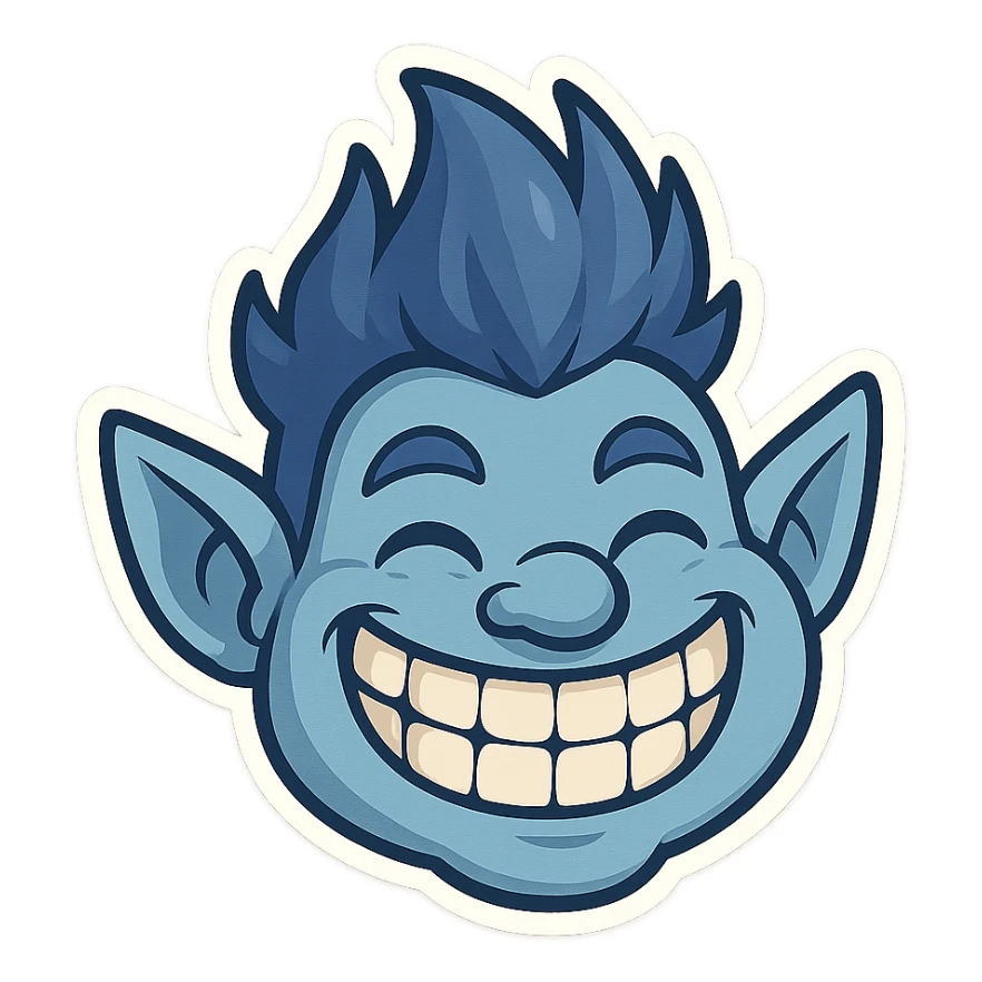 blue troll face, cartoon style, exaggerated grin sticker
