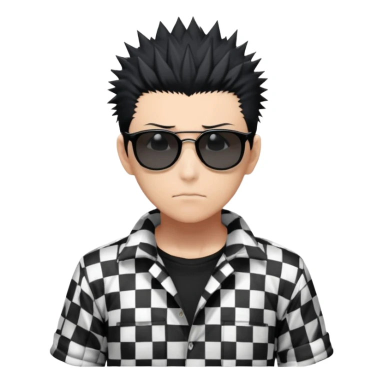 Satoru Gojo from Jujutsu Kaisen with spiky black hair, wearing black and white checkered shirt with rolled-up sleeves, black pants, confident expression, sunglasses on top of head, one hand in pocket sticker