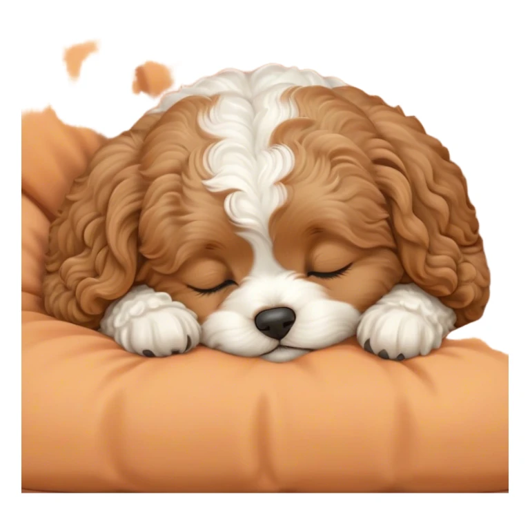 Cinematic Meme-Worthy cute Sleeping Cavoodle Portrait Emoji, Head resting peacefully with a contented smile, showcasing a delightfully cute build and a luxuriously soft, curly apricot coat with gentle white accents, eyes shut in a serene nap, Simplified yet hilariously adorable features, highly detailed, glowing with a soft, drowsy light, high shine, relaxed and utterly lovable, stylized with an air of playful laziness, bright and heartwarming, soft glowing outline, capturing the essence of a comically sleepy Cavoodle, so meme-worthy it feels like it could instantly become the next viral sensation of adorable slumber! sticker