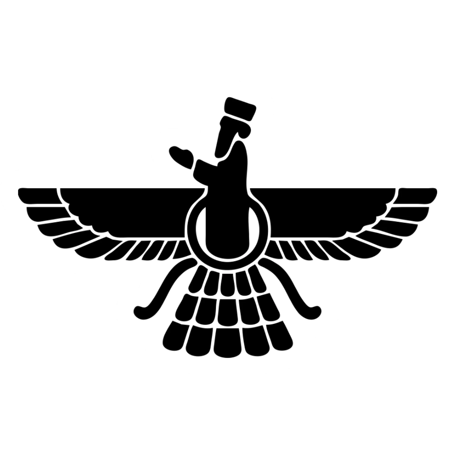 Faravahar symbol, solid black icon, filled silhouette, strong visual impact, no text sticker
