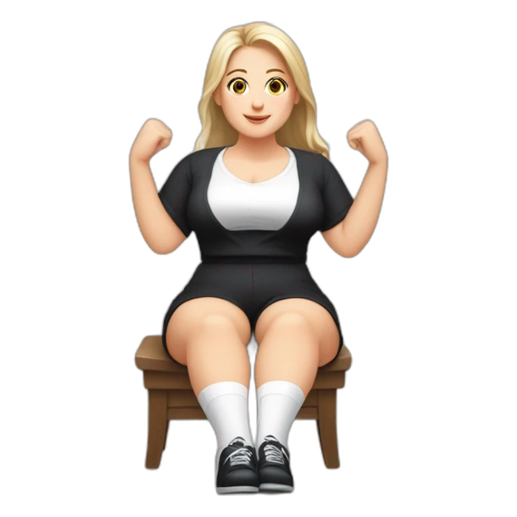 Front view full body curvy caucasian beauty sitting straight hands up black skirt white knickers white socks sticker
