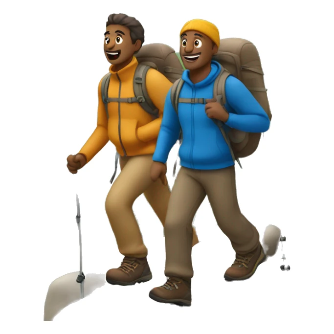 3 light brown men hiking up a mountain wearing different coloured clothing sticker