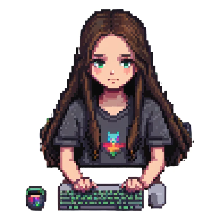 girl with long hair, only eyes visible above MacBook, working at a desk, pixel art style sticker