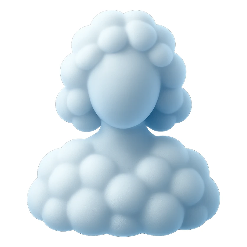 faceless person, facing forward, composed entirely of white fluffy convex clouds, shoulder length, no shadows, matte glass style sticker