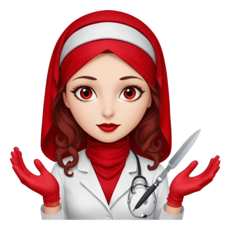 Lilith scalpel in hand, evil surgeon outfit.  She has red eyes. She has dark brown curly hair. Hair is long . Wears sexy doctor outfit with red gloves. Clears, mouth with Muslim red burka sticker