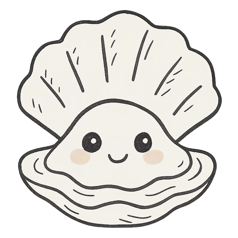 cute oyster, cream color, pink cheeks, doe eyes, greige shell, hand drawn style sticker