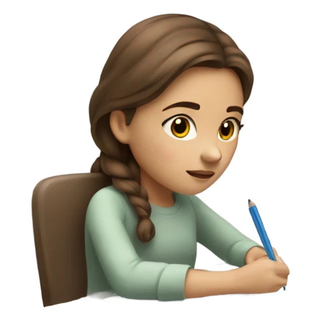 Girl with brown hair in process of writing on paper sticker