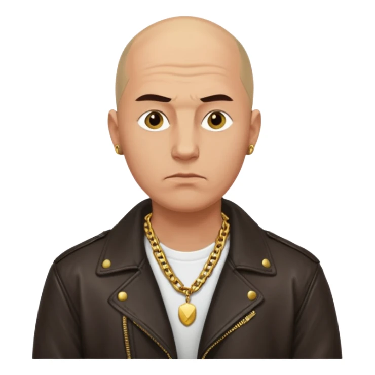 Bald Russian 1990s gangster emoji, leather jacket, gold chain, serious face sticker